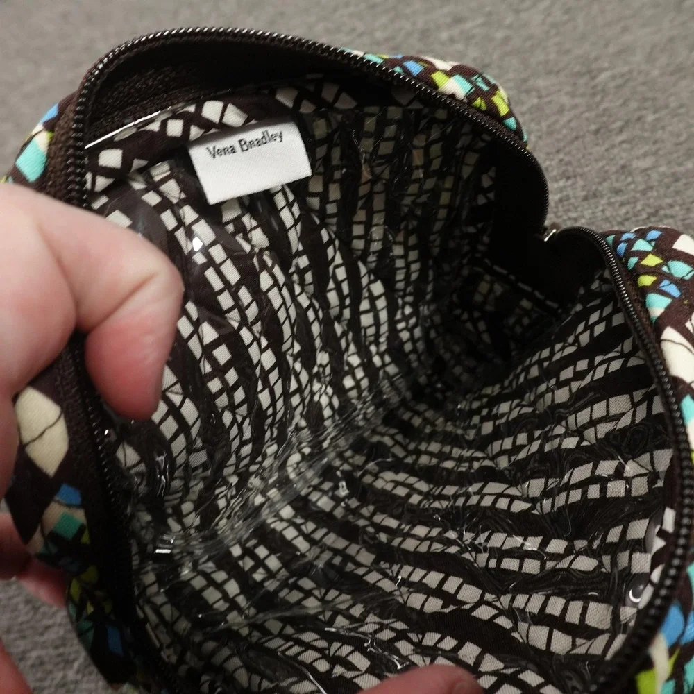 Vera Bradley Cosmetic Bag Blue Green Brown Quilted‎ Makeup Pouch Travel Zip Case